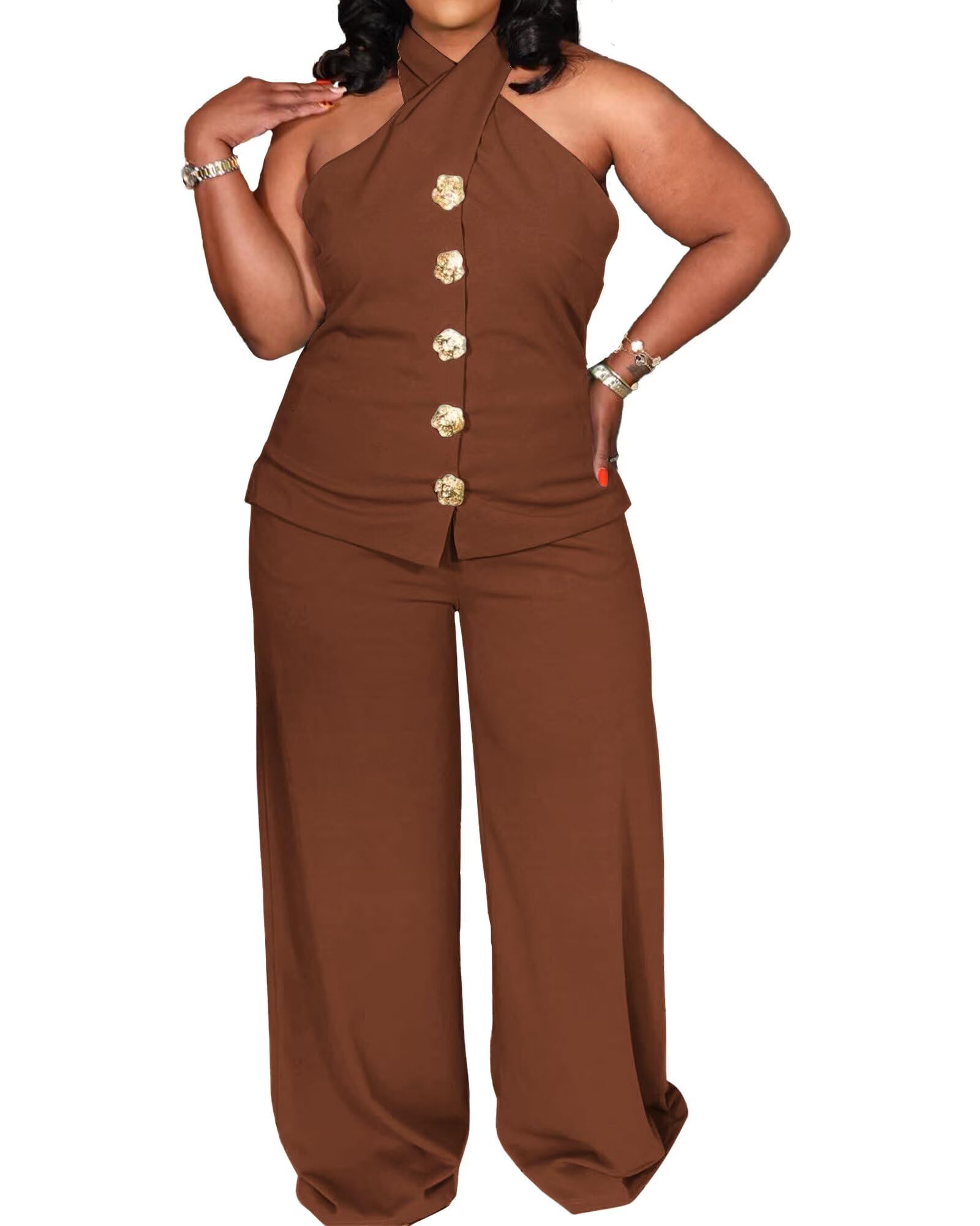 Womens Plus Size Two Piece Outfits Summer Button Halter Neck Vest Tank Tops Wide Leg Pants Suit Matching Sets