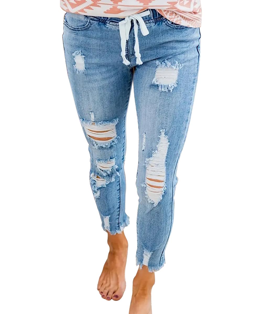 KUNMI Women High Waist Skinny Stretch Ripped Jeans Destroyed Denim Pants Plus Size