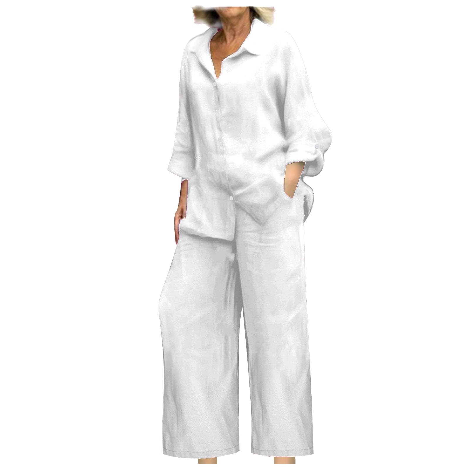 BAOQIN Linen Sets for Women 2 Piece - Womens Long Sleeve Button Down Shirts Summer Wide Leg Breathable Cotton Linen Pants Set