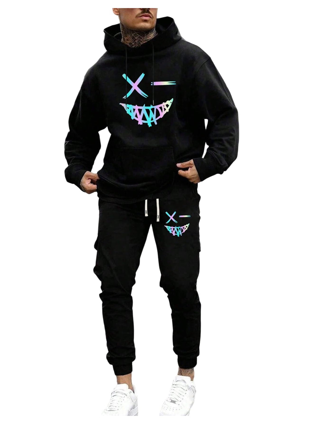 WDIRARA Men's 2 Piece Outfits Graphic Hoodie Sweatpants Set Workout Athletic Tracksuits