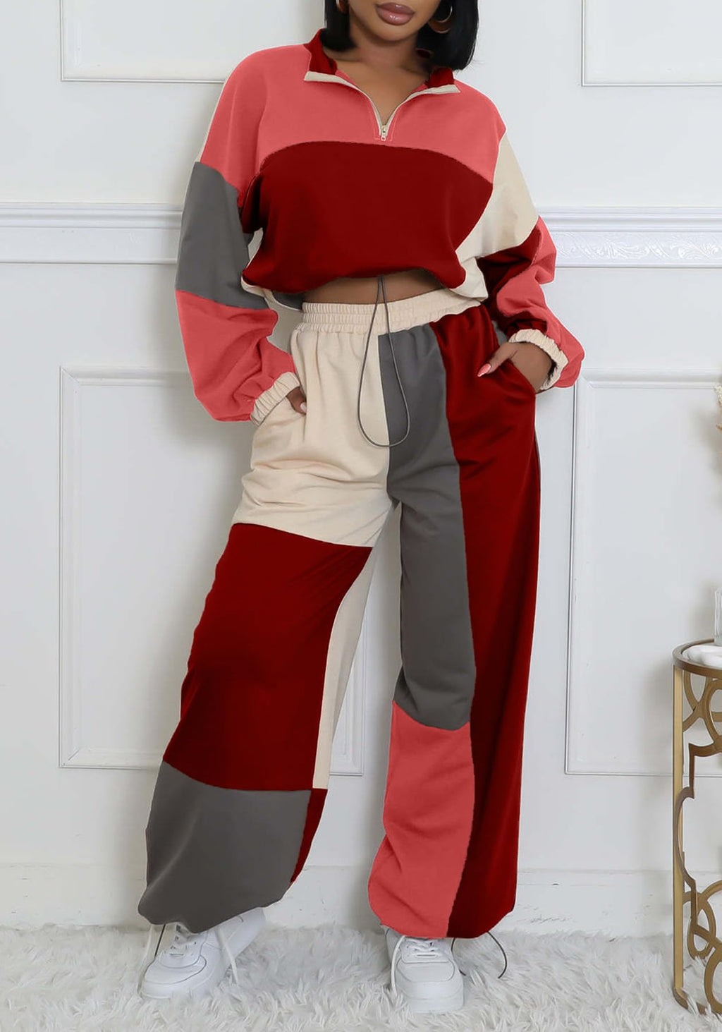 Tbahhir Women's 2 Piece Tracksuit Color Block Outfits Drastring Long Sleeve Crop Top and SweatPants Set Jogger Casual