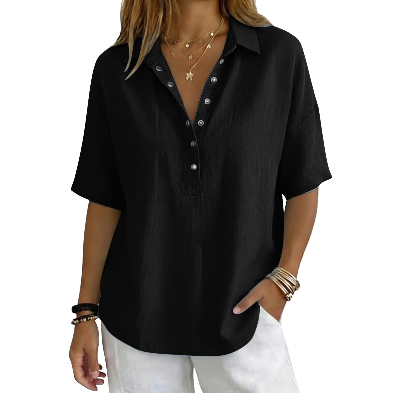 Linen Tops for Women Breathable Gauze Shirts Cotton Button Down Summer Elbow Length Blouses Dressy Casual Clothes