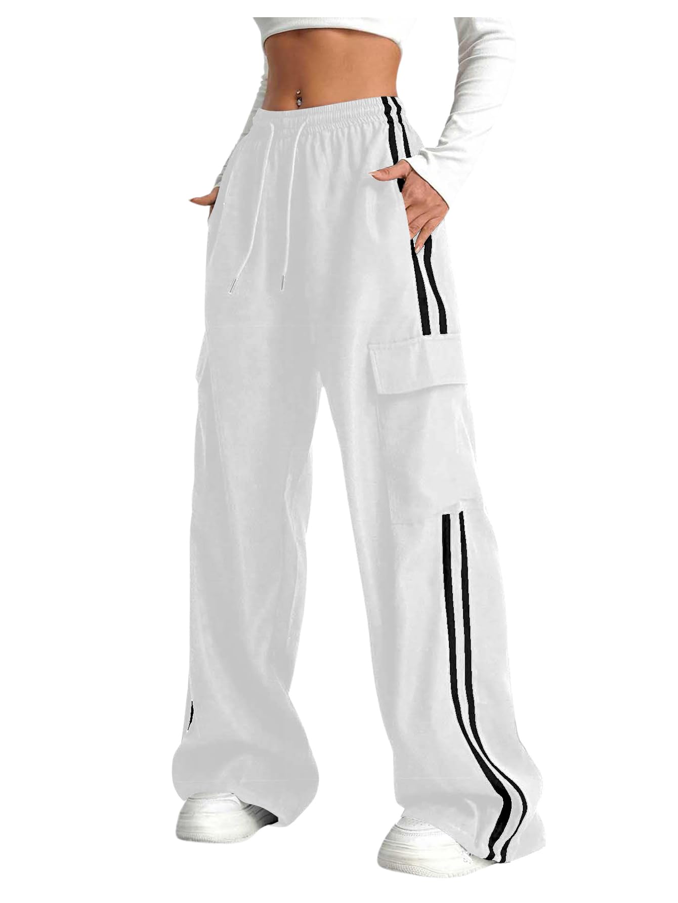 Verdusa Women's Cargo Pants Baggy Straight Wide Leg Track Pants Striped Joggers with Pockets Athletic Streetwear