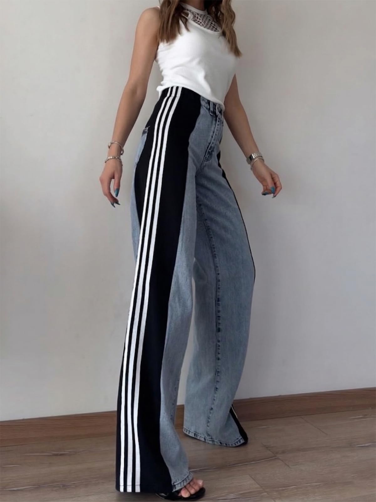 Angsuttc Womens Jeans with Patchwork Stripes High Waisted Stretchy Denim Color Block Straight Wide Leg Trendy Jean