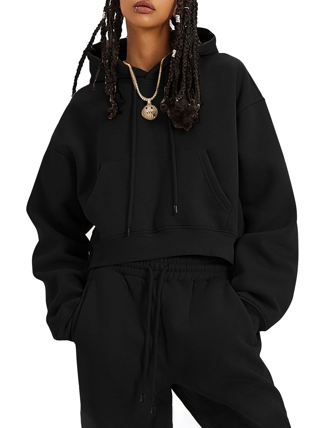 Flygo Womens Fleece 2 Piece Outfits Sweatsuit Crop Pullover Sweatshirt Joggers Pants Tracksuit Set