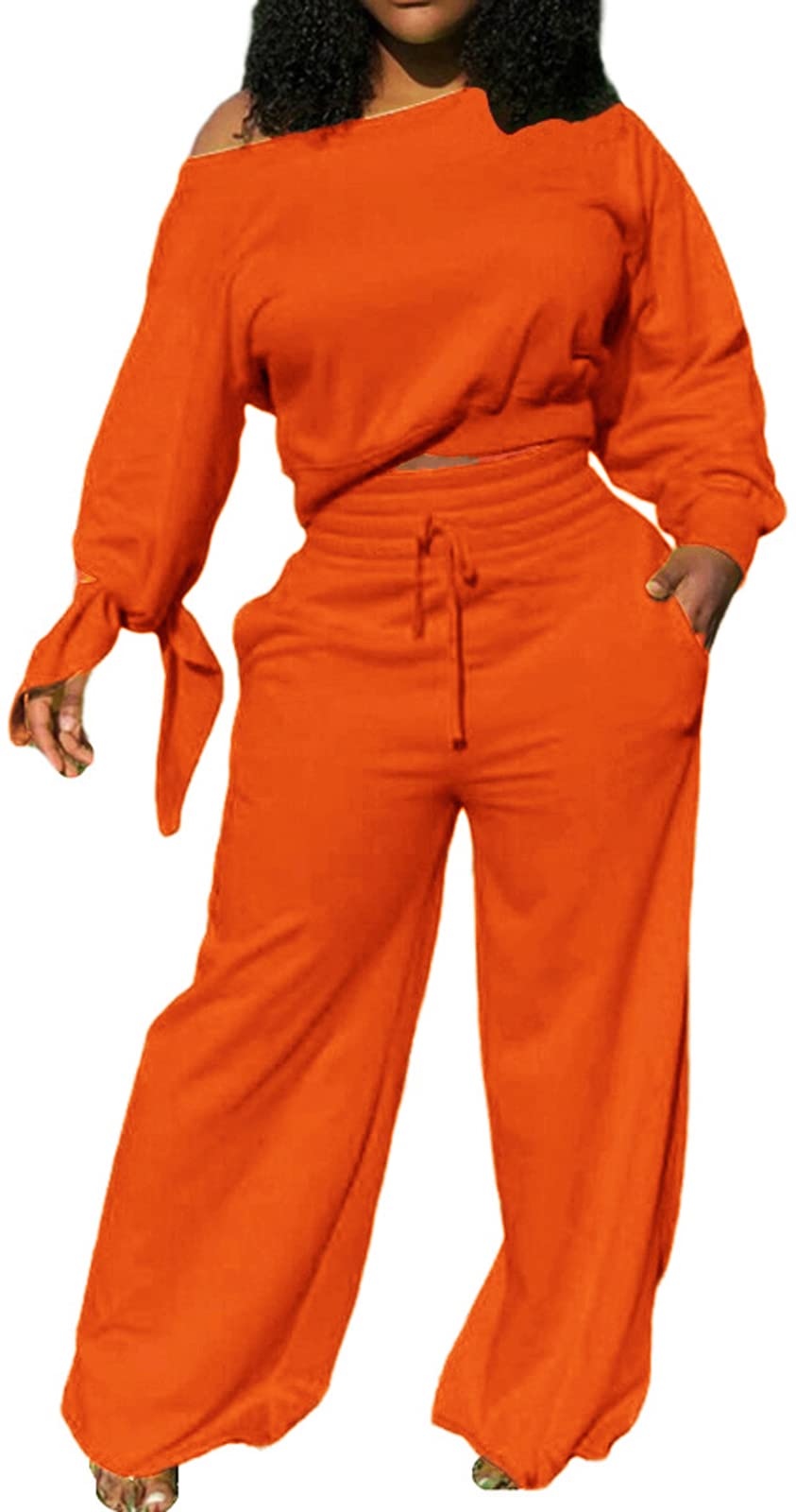 sexycherry Casual 2 Piece Outfits for Women Long Sleeve Sweatsuit Jogging Straight Long Pants Sets with Pockets