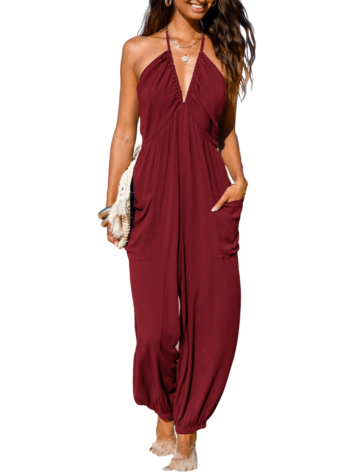 CUPSHE Women's Plunge Halter Sleeveless Pleated Long Romper Knit Jogger Maxi Jumpsuit with Pockets