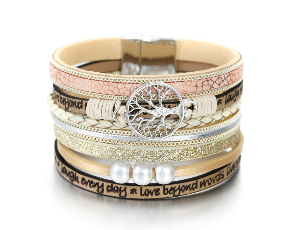 Fesciory Leather Wrap Bracelets for Women, Boho Leopard Multi-Layer Crystal Beads Cuff Bracelet Jewelry