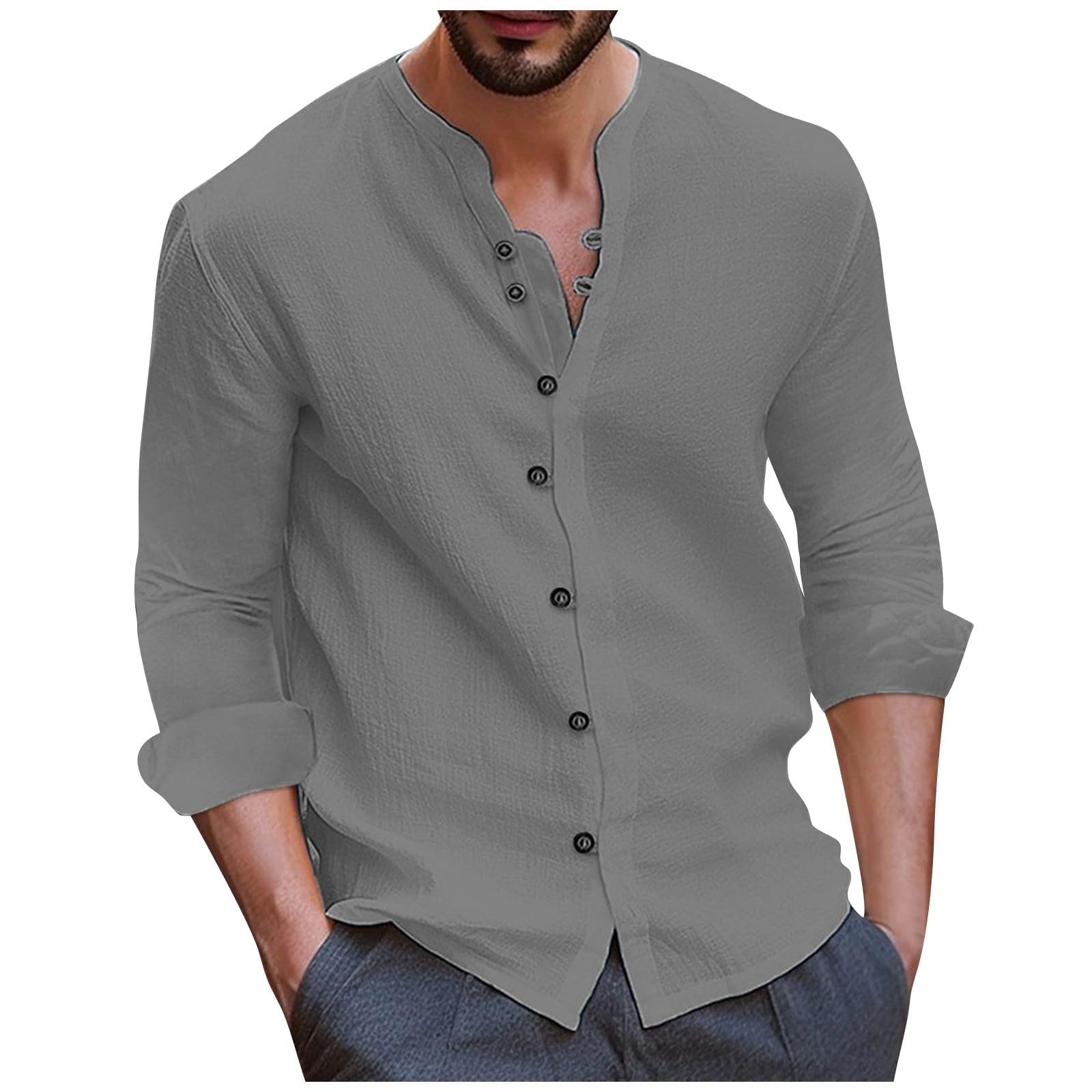 Long Sleeve Shirt Men Vintage Lightweight Plus Size Button Down Blouses Casual Workout Loose V-Neck Cotton Linen Tops