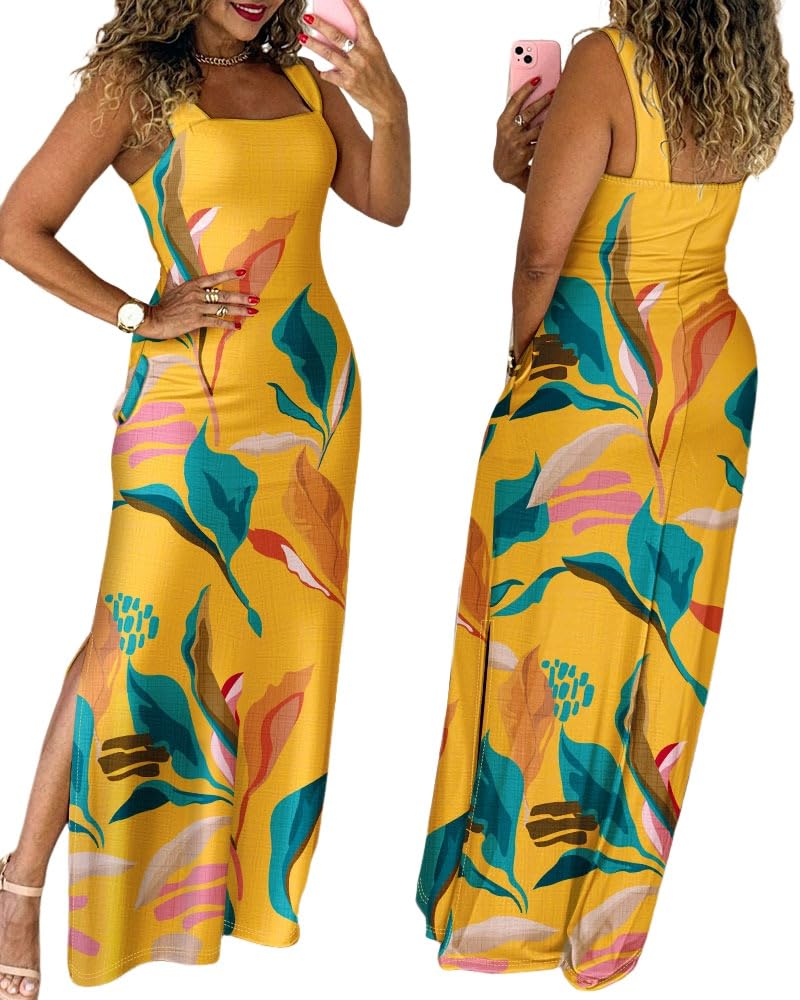 CHICME Women's Summer Maxi Dress Casual Thick Strap Square Neck Boho Sundress Split Vacation Dresses with Pockets