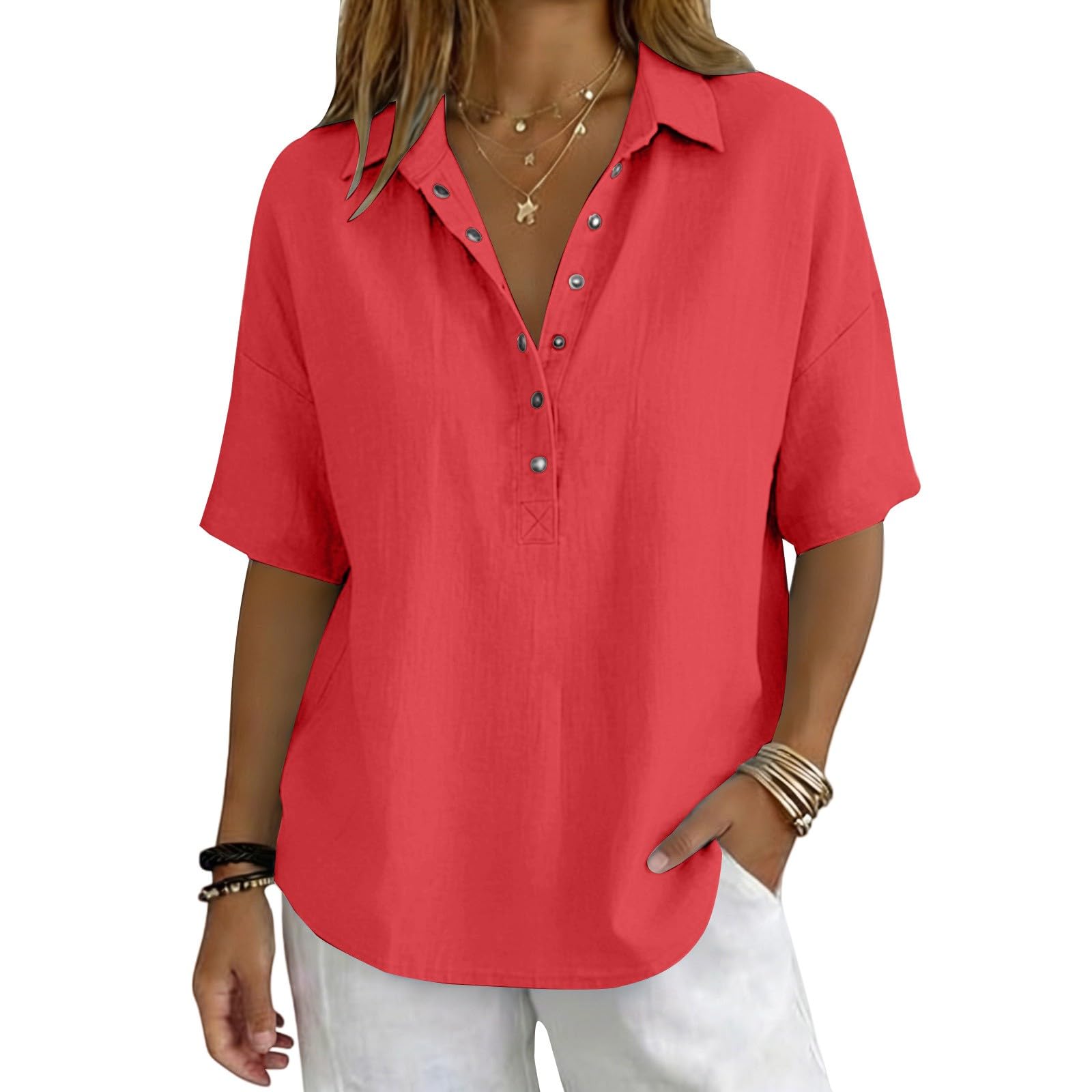 Linen Tops for Women Breathable Gauze Shirts Cotton Button Down Summer Elbow Length Blouses Dressy Casual Clothes