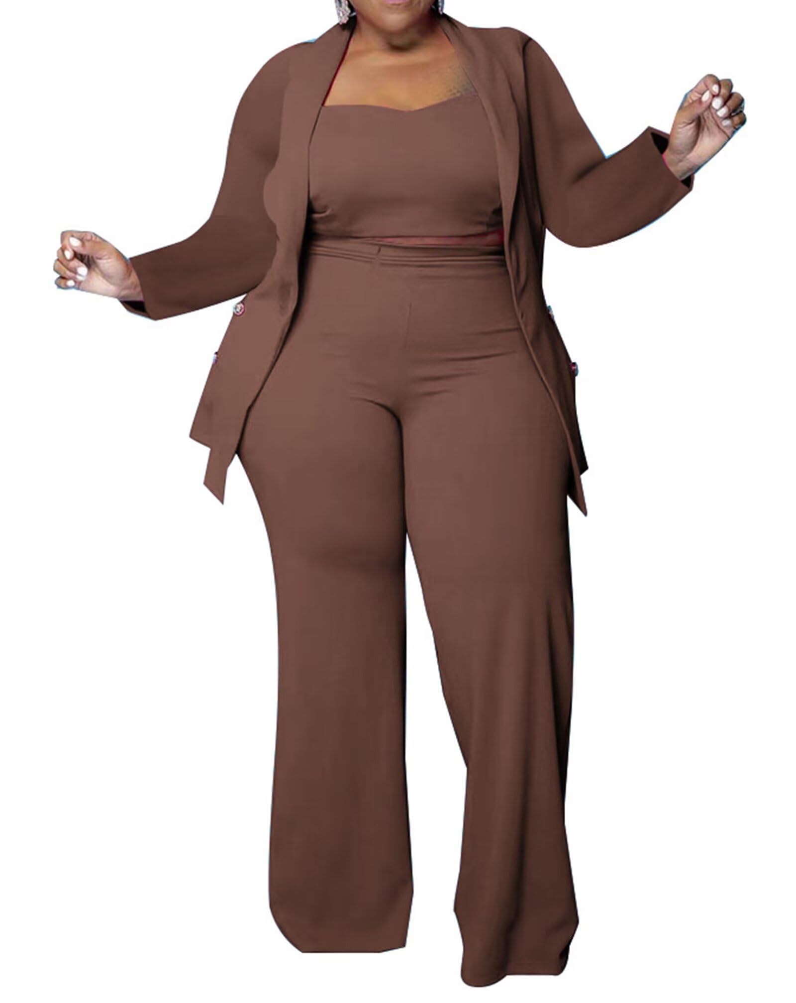 Women Plus Size Pants Suits 3 Piece Set Long Sleeve Blazer Pants Suit Sets Dressy Business Casual Office Work Outfits