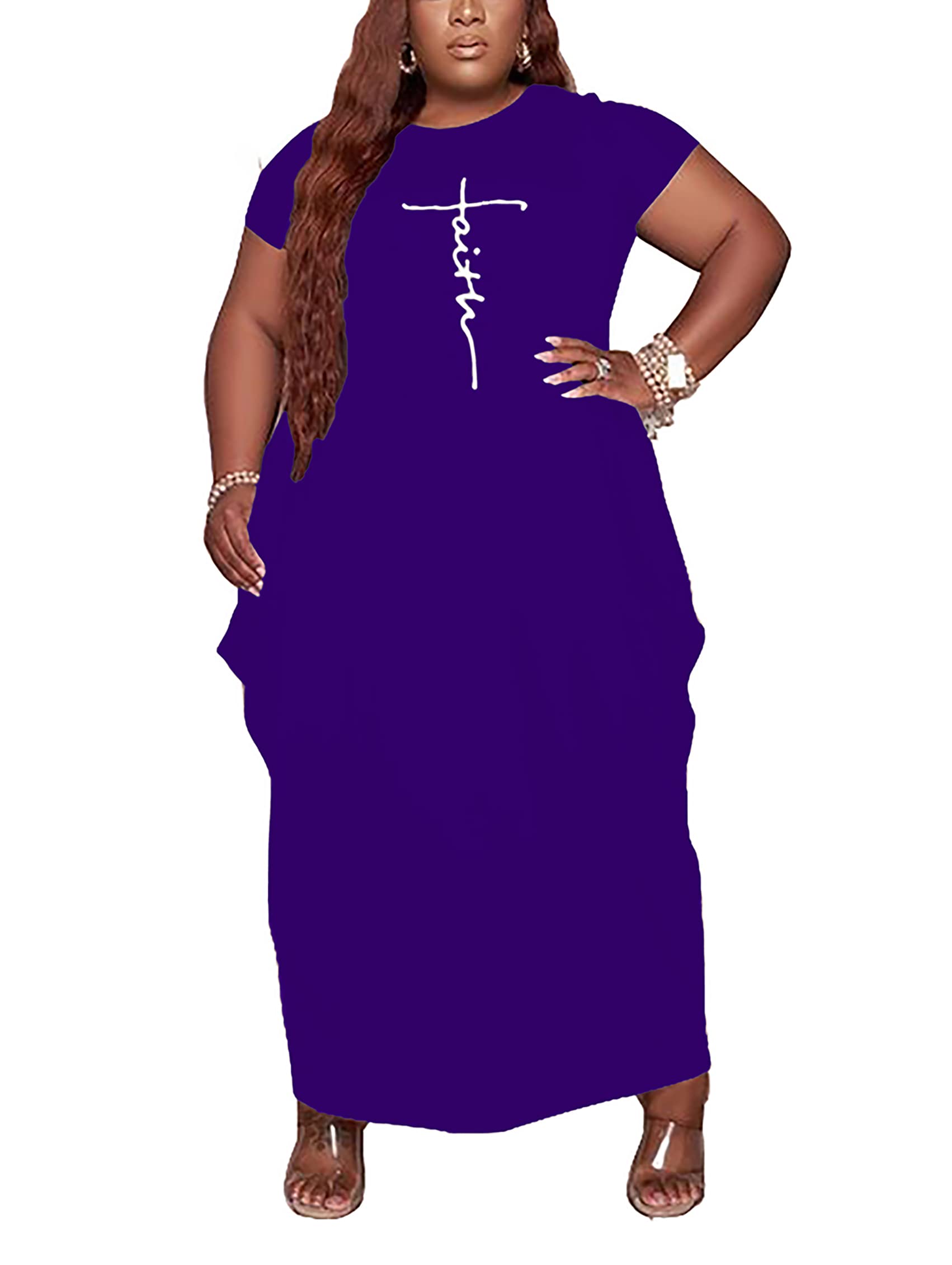 AIIYYQB Women's Summer Plus Size Short Sleeved Long Dress Casual Loose Faith Beach Maxi Dress with Pockets