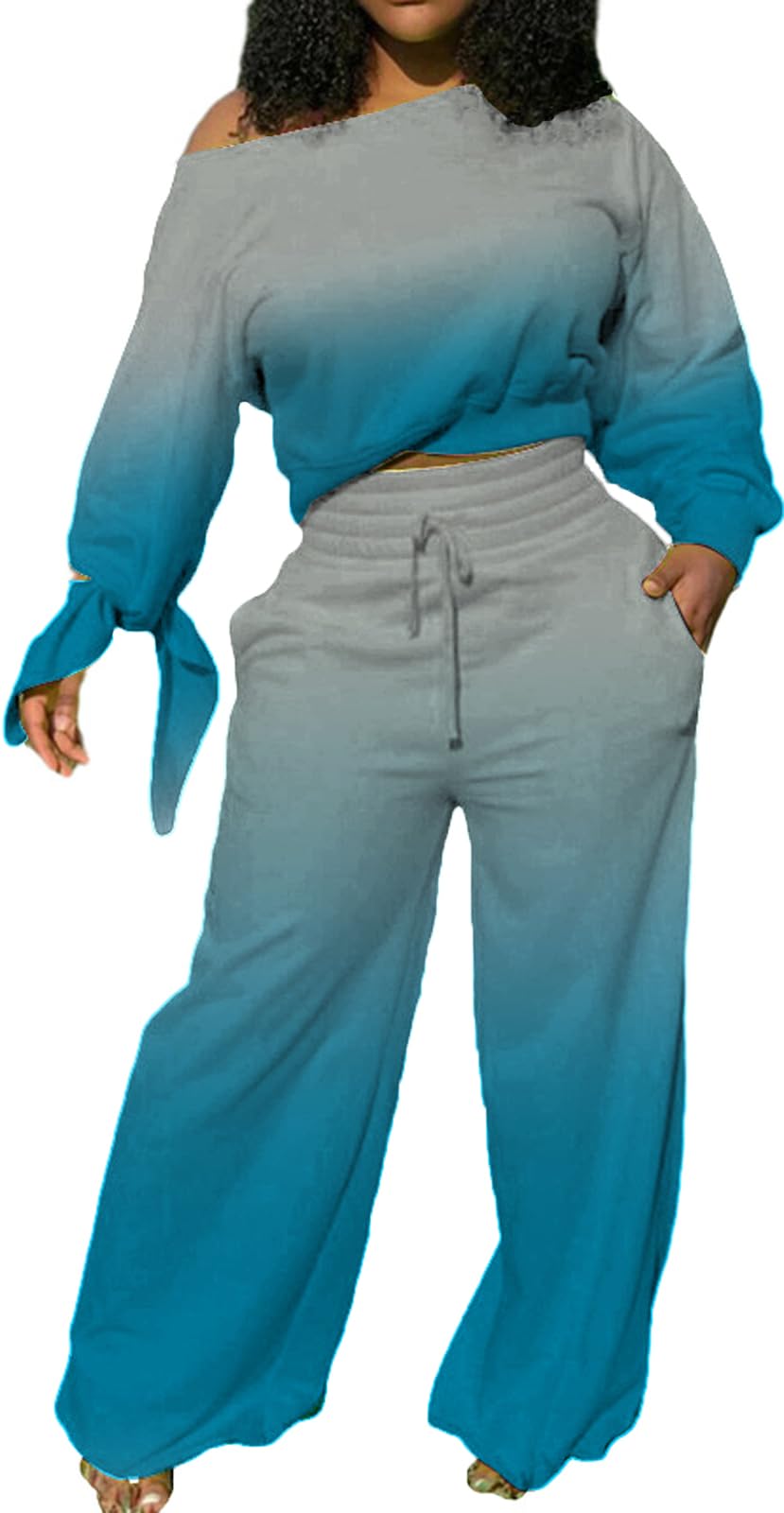 sexycherry Casual 2 Piece Outfits for Women Long Sleeve Sweatsuit Jogging Straight Long Pants Sets with Pockets