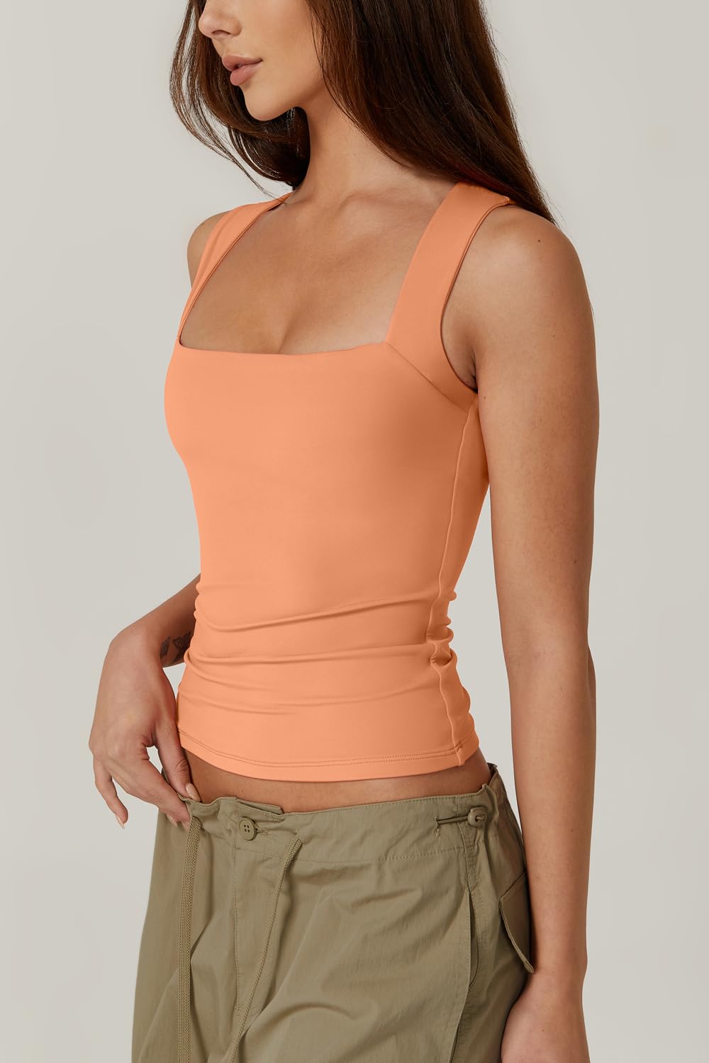 QINSEN Women's Double Layer Tank Tops Square Neck Sleeveless Basic Tight T Shirts