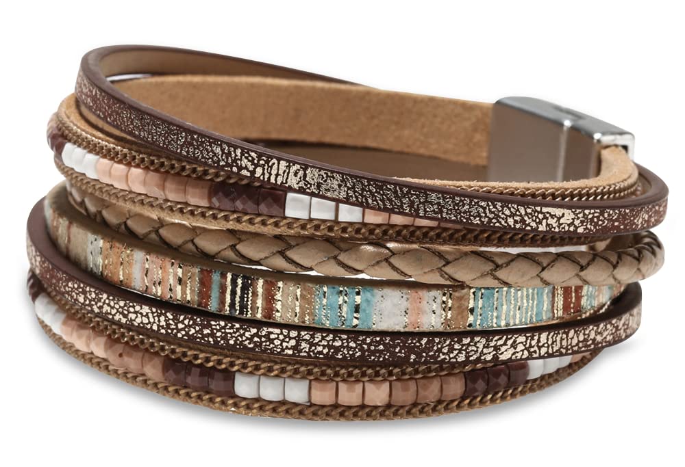 Fesciory Leather Wrap Bracelets for Women, Boho Leopard Multi-Layer Crystal Beads Cuff Bracelet Jewelry