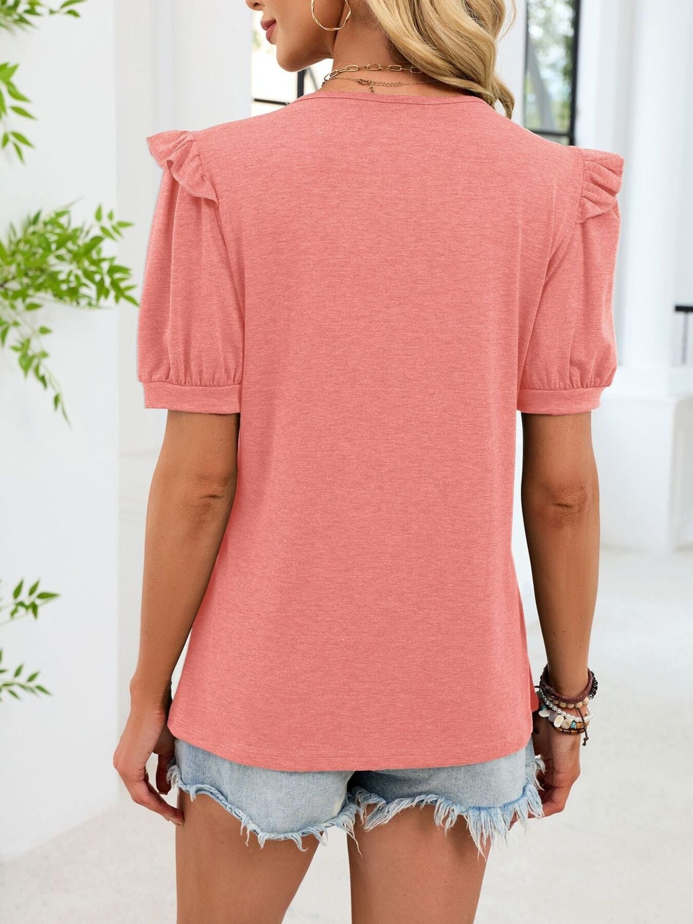 Women's Solid Color Ruffled Short Sleeve Crew Neck T-Shirt