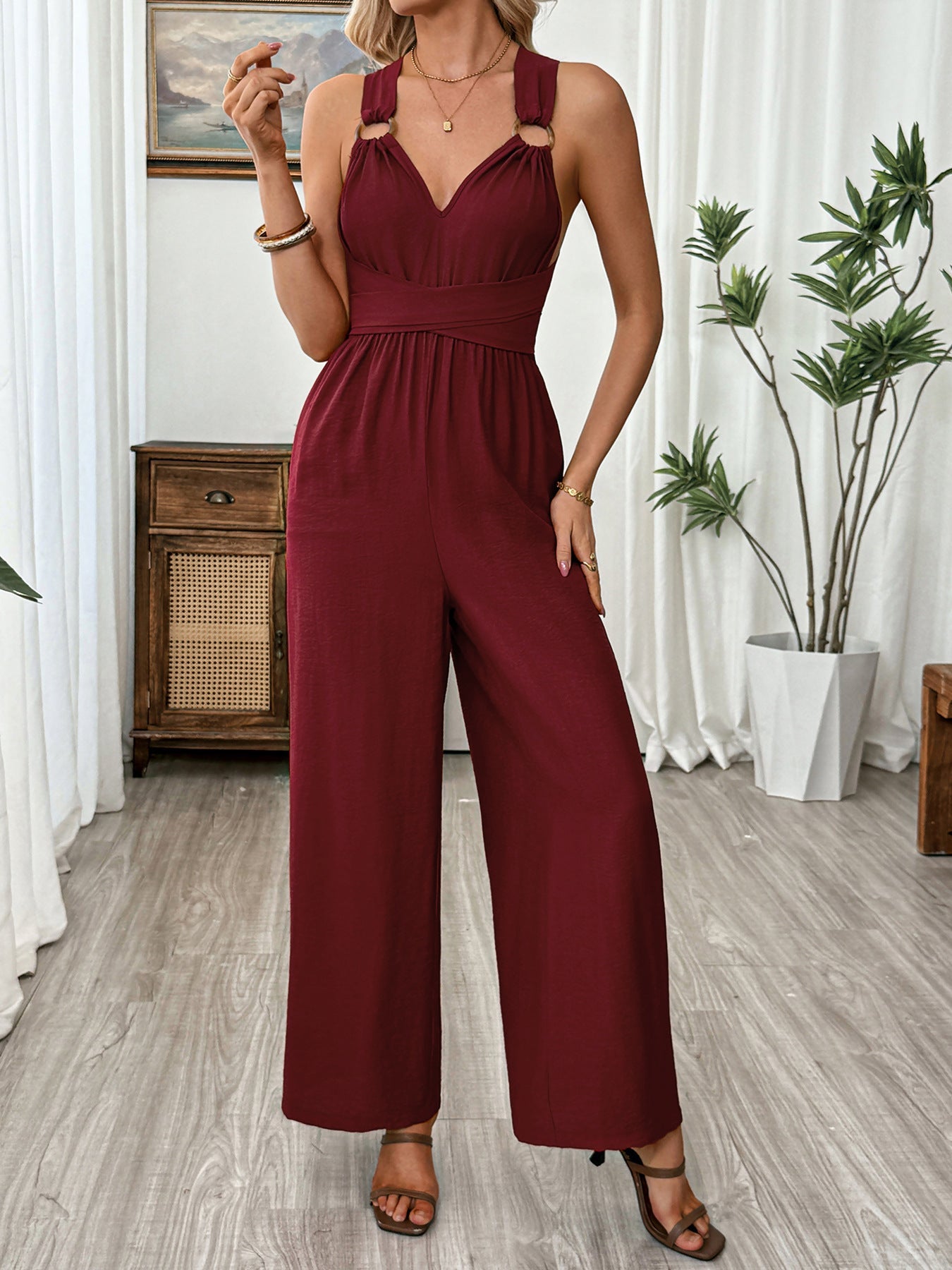 Women's Deep Red V-Neck Sleeveless Wide Leg Crisscross Jumpsuit