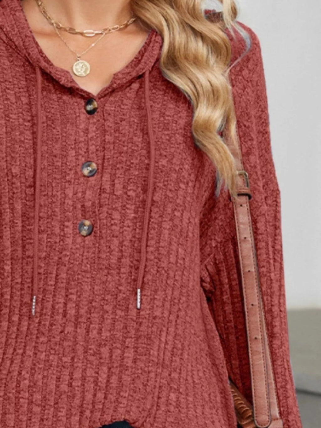 Women's Black Ribbed Knit Hoodie with Functional Button Detail