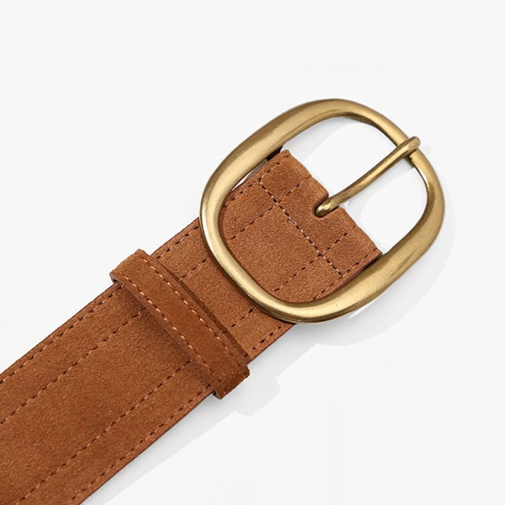 Wide Tan Suede Leather Belt with Gold Tone Oval Buckle