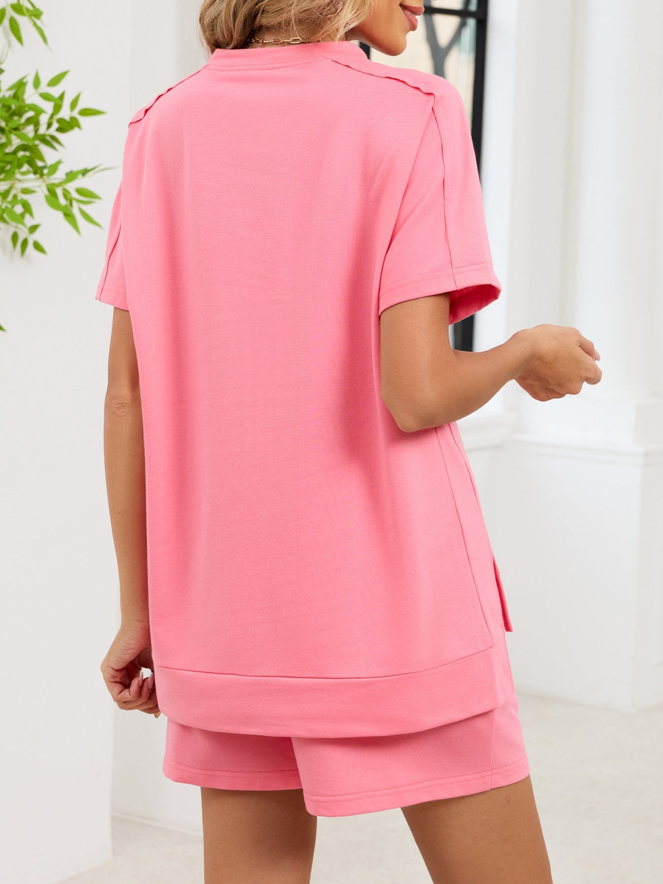 Women's Round Neck Short Sleeve T-Shirt and Shorts Lounge Set