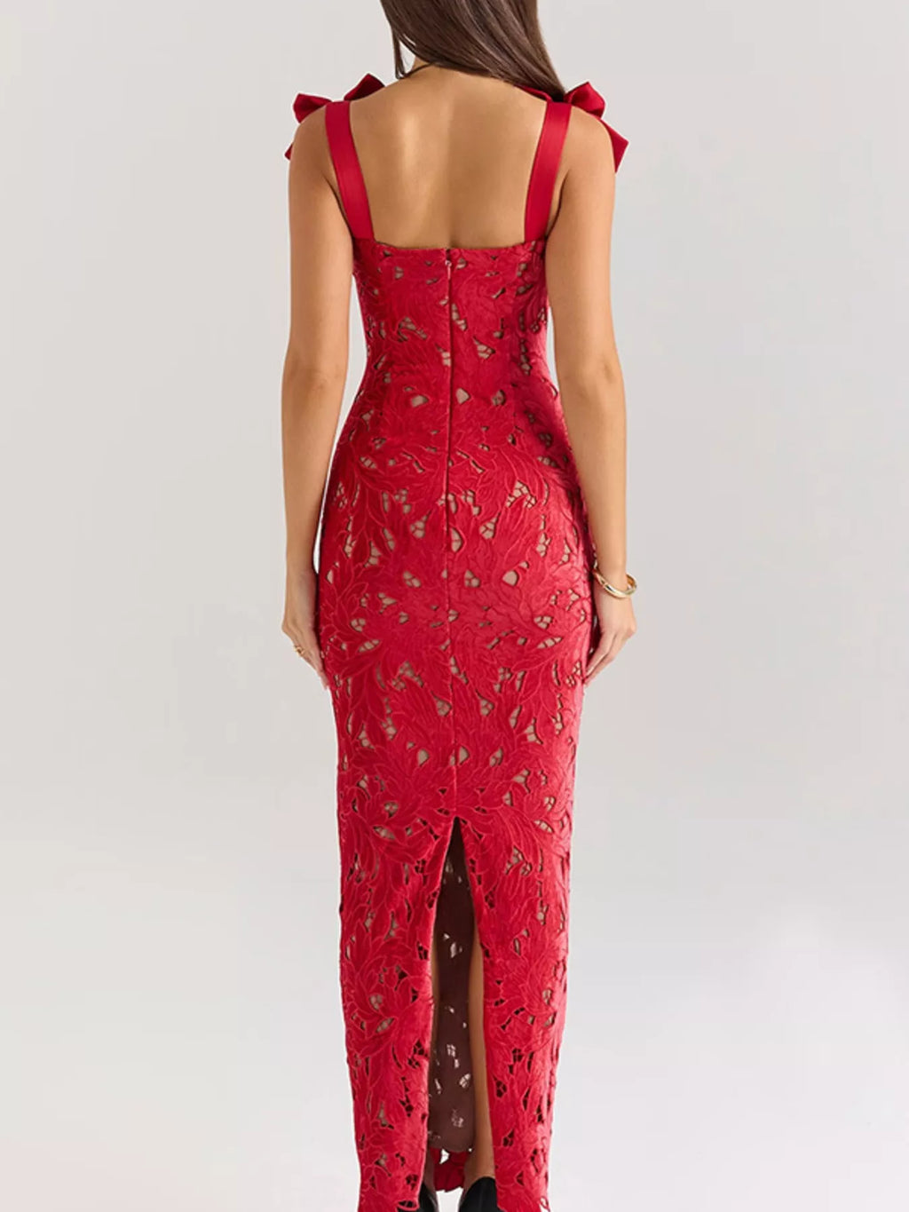 Black Lace Maxi Dress with Tie Shoulder Detail
