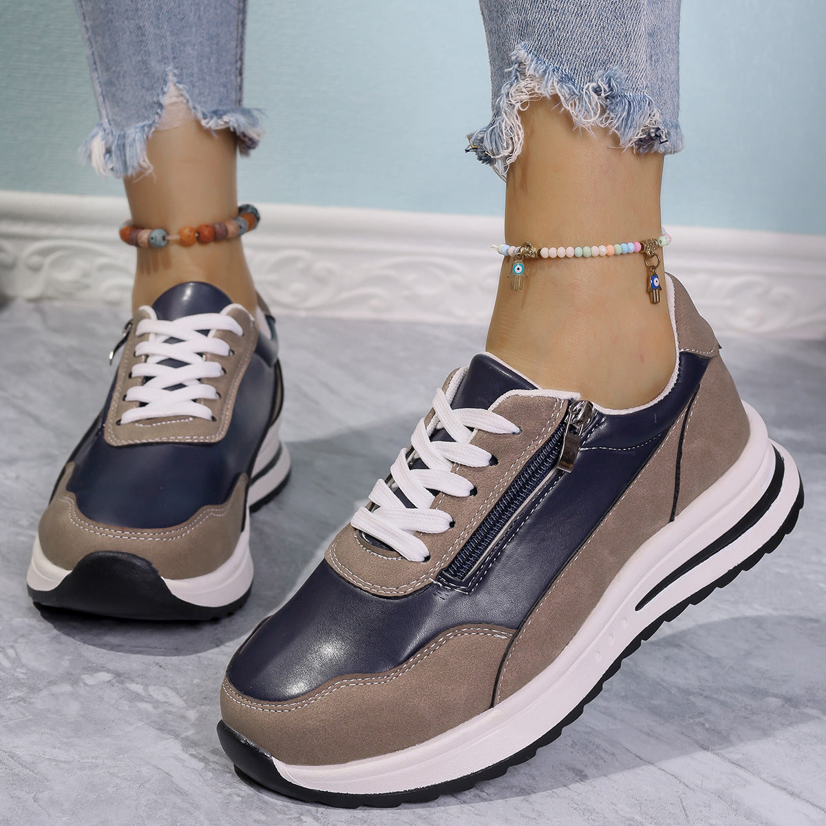Women's Zipper Detail Lace Up Sneakers Casual Low Heel Shoes