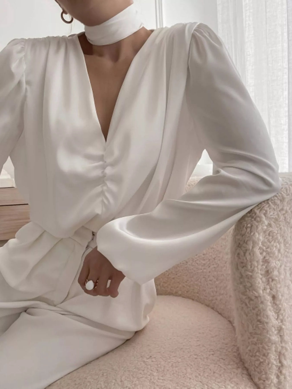 White Long Sleeve V-Neck Blouse with Ruched Front Detail