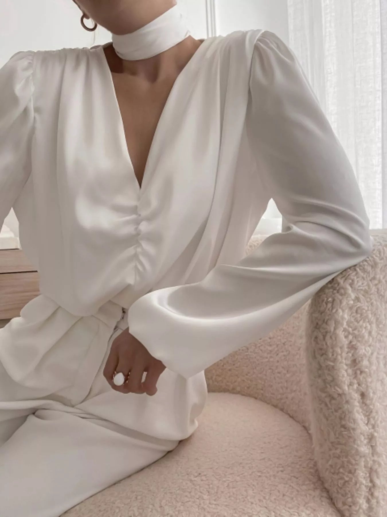 White Long Sleeve V-Neck Blouse with Ruched Front Detail