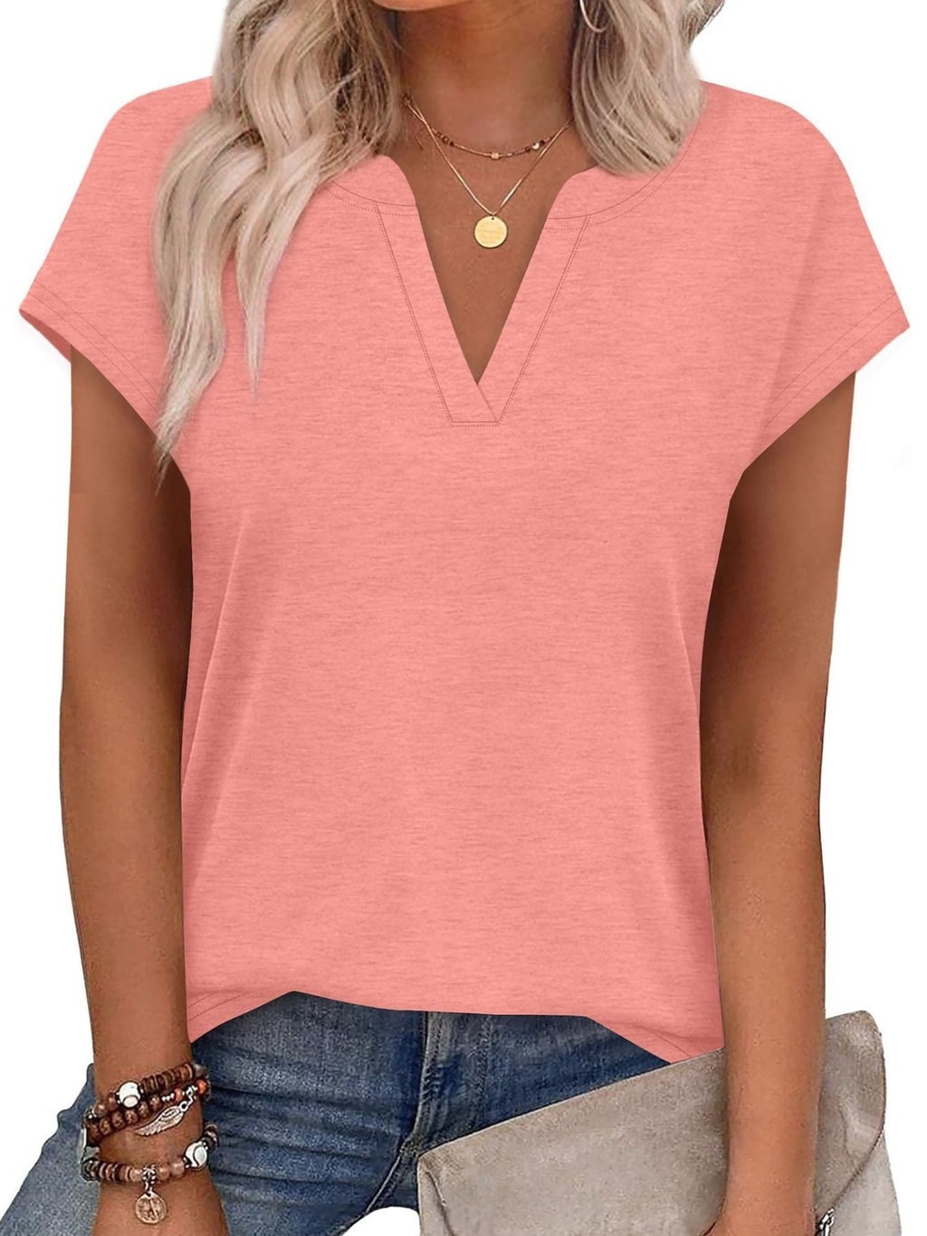 Women's Blue Notched Neck Short Sleeve Basic T-Shirt