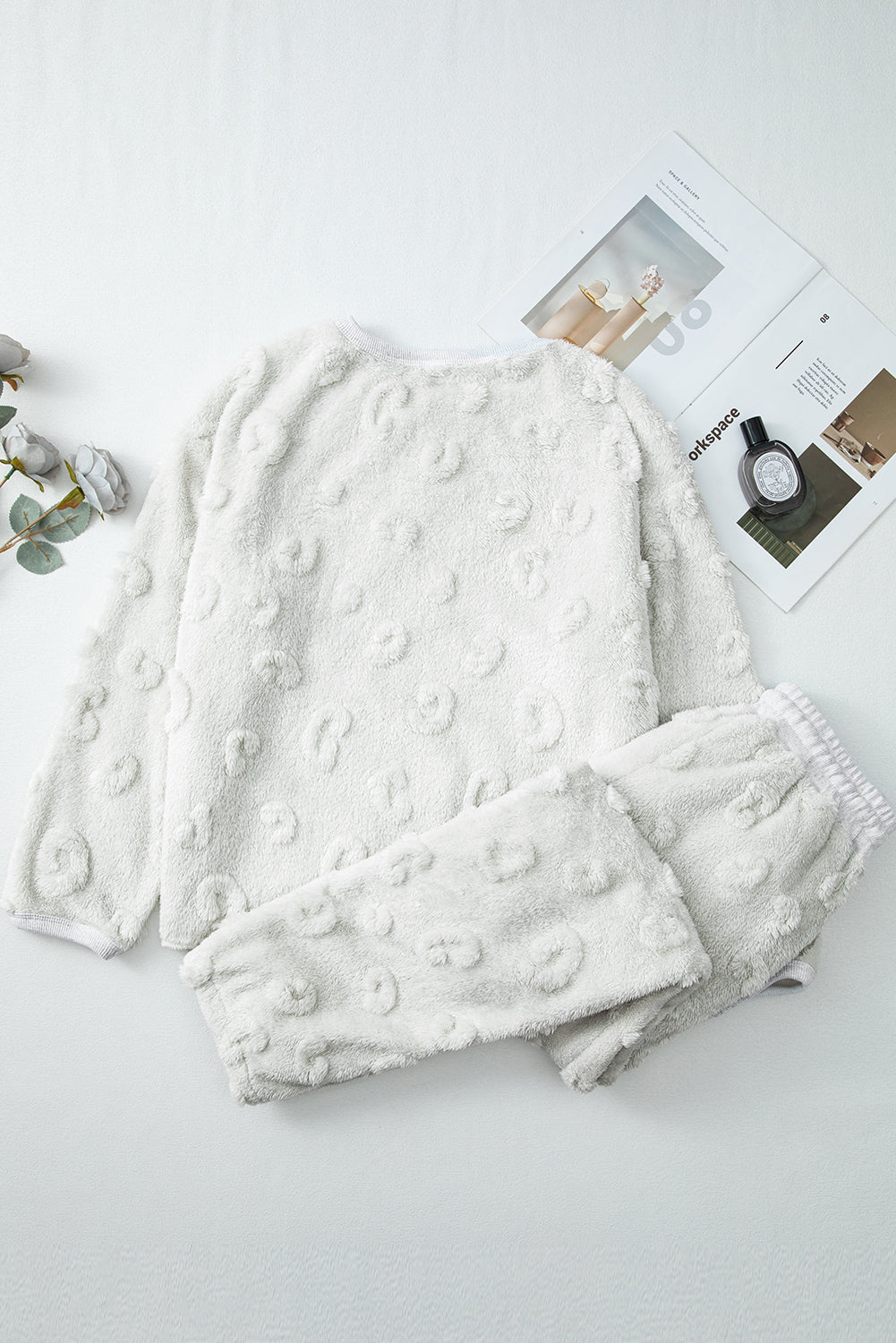 Light Grey Leopard Textured Loose Fit Fleece Loungewear Two-Piece – Cozy Set