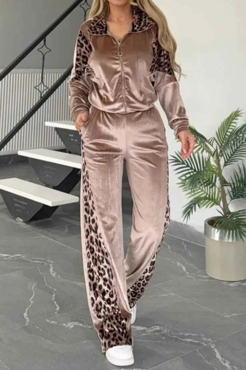 Full Size Collared Neck Leopard Zip Up Sweatsuit Plus Size
