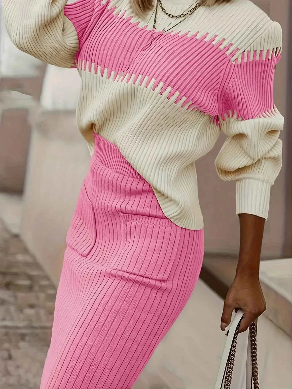Two-Tone Ribbed Knit Sweater Set