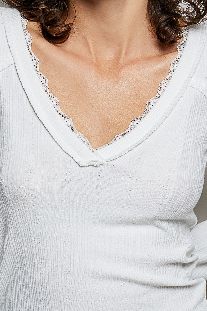 White V-Neck Ribbed Long Sleeve Top with Lace Trim Neckline