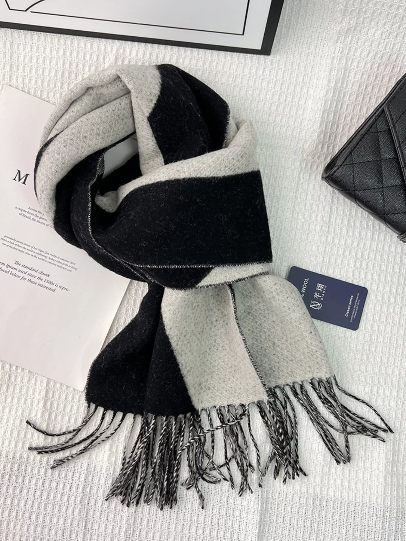 Wool Fringe Color Block Scarf Soft Warm Winter Accessory