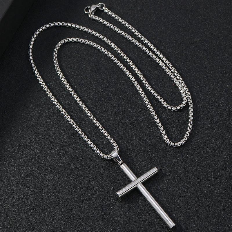 Round Large Beveled Cross Necklace Titanium Steel For Men