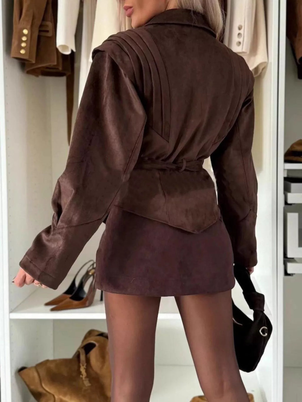 Women's Dark Brown Suede Feel Ruched Lapel Jacket with Tie Waist