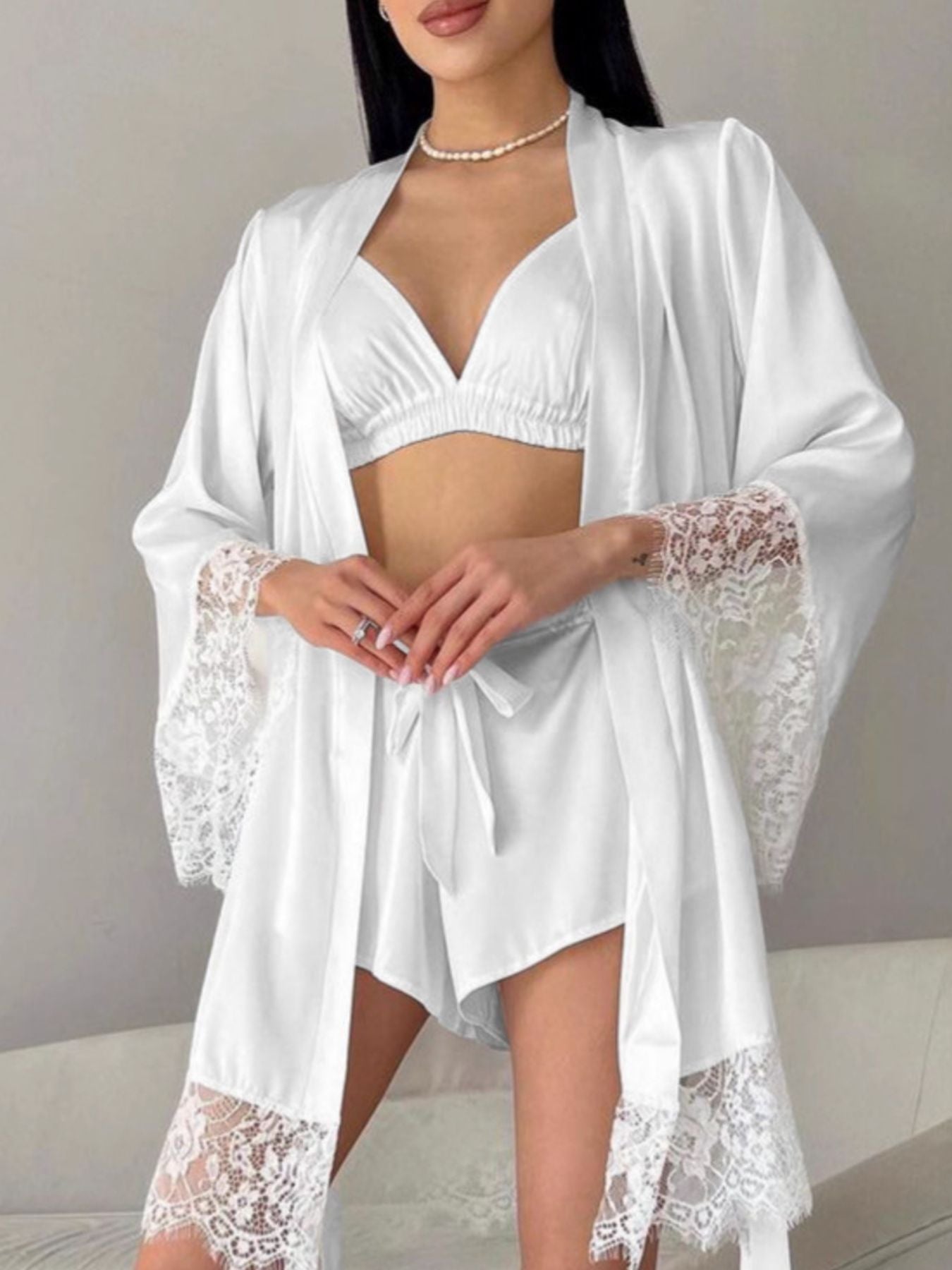 White Lace Trim 3-Piece Cami Cardigan and Shorts Lounge Set