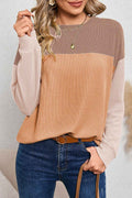 Color Block Ribbed Women's Top - Khaki Long Sleeve Loose Fit