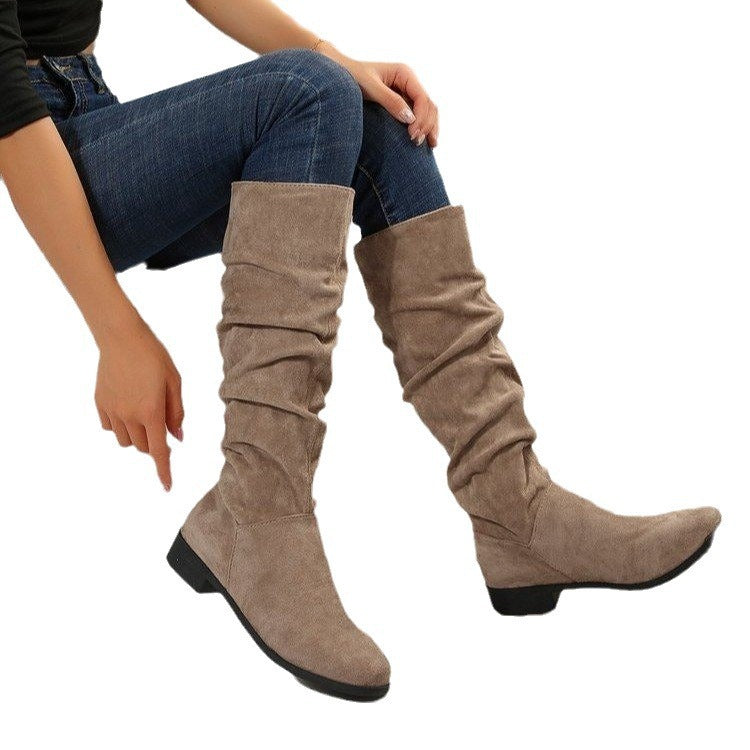 Women's Plus Size Suede Chunky Heel Slip-On Boots | Round Toe High Shaft