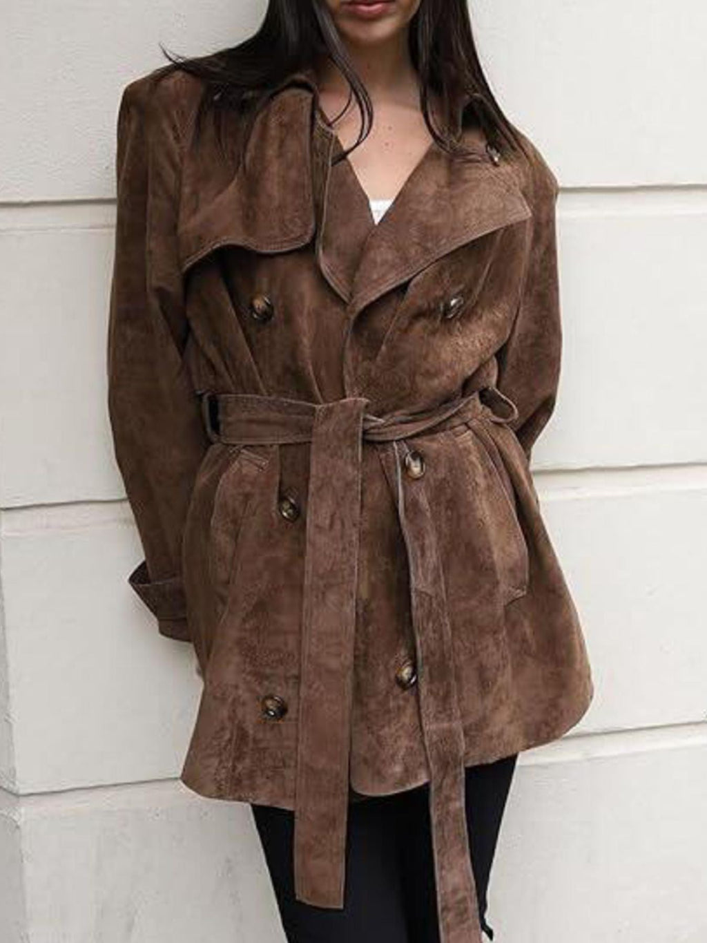 Women's Brown Double-Breasted Tie Waist Suede-Look Coat