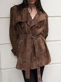Women's Brown Double-Breasted Tie Waist Suede-Look Coat