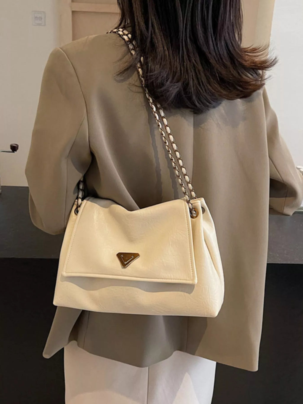 Brown Faux Leather Shoulder Bag with Metal Chain Strap