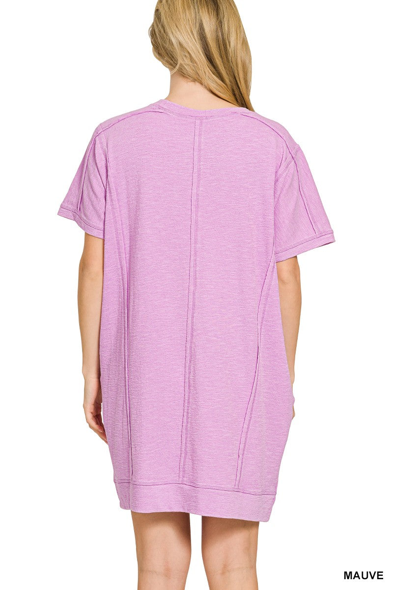 Zenana Washed Slub Mini Dress with Pockets - Mauve
