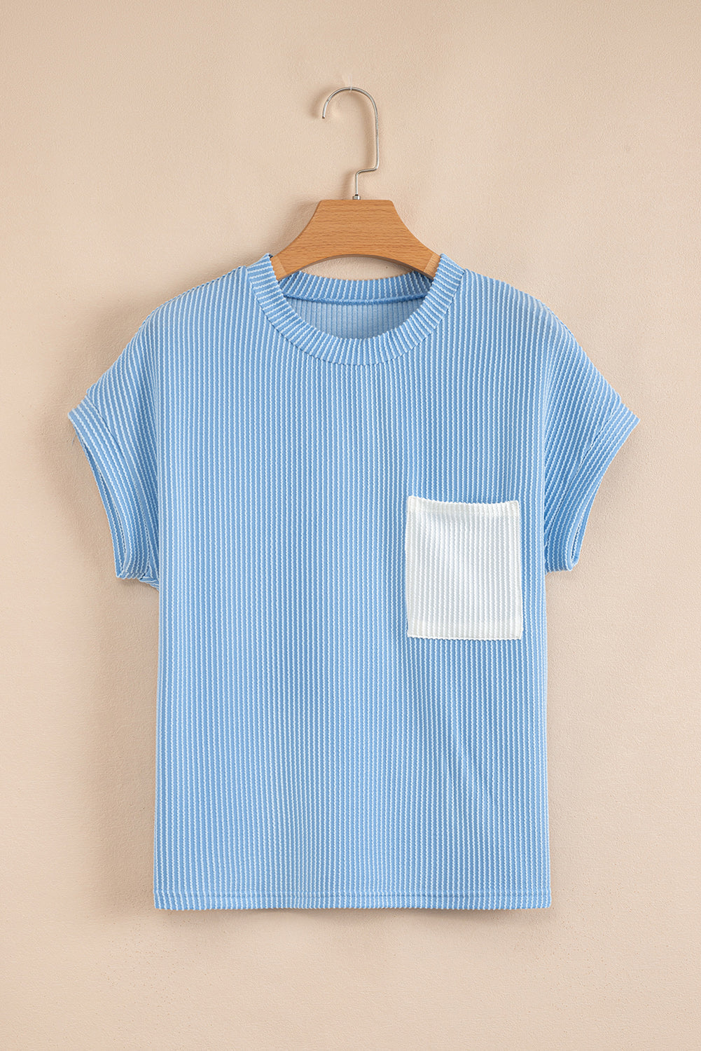 Light Blue Corded Color block Pocket Crew Neck Women's T-Shirt