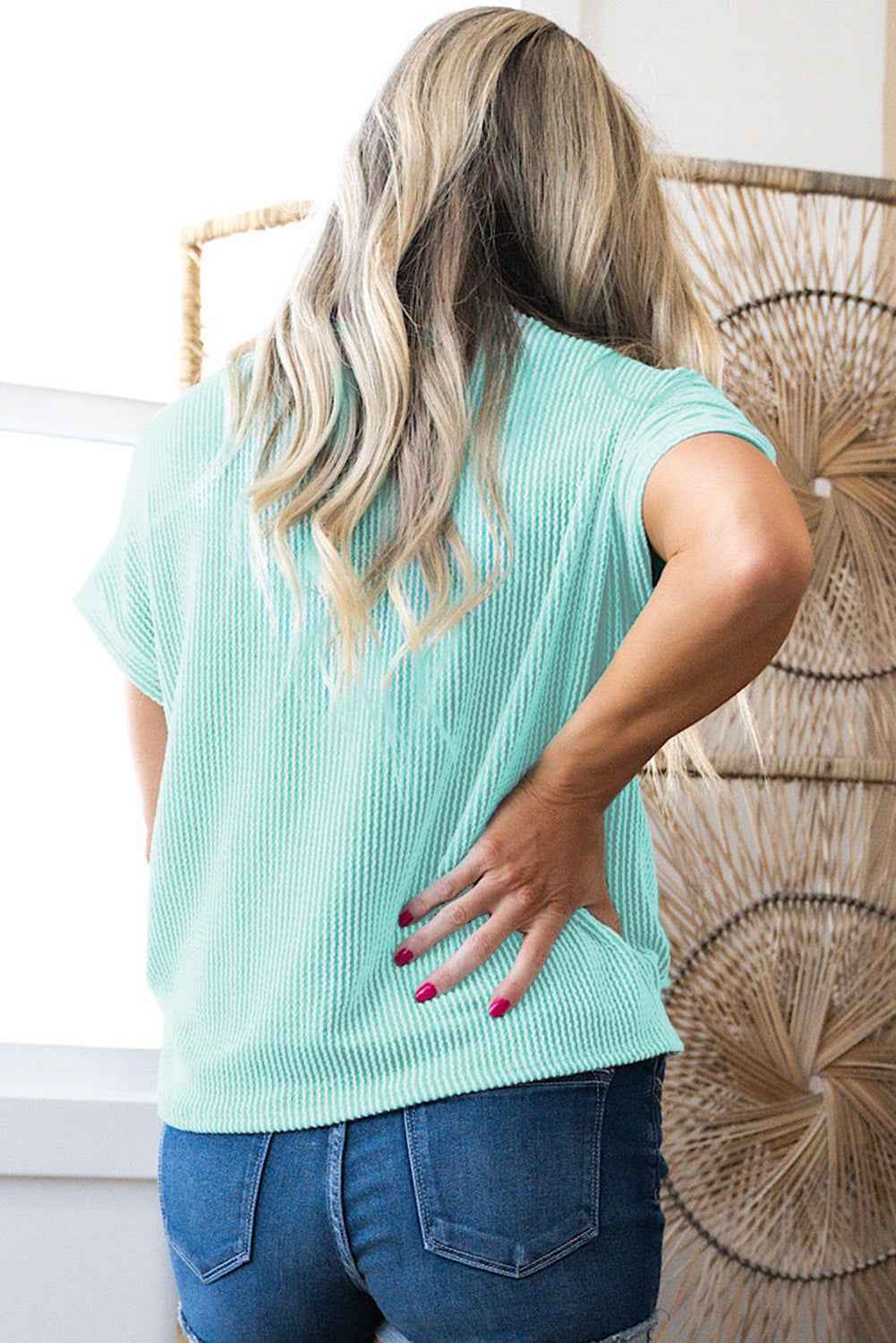 Light Blue Corded Color block Pocket Crew Neck Women's T-Shirt