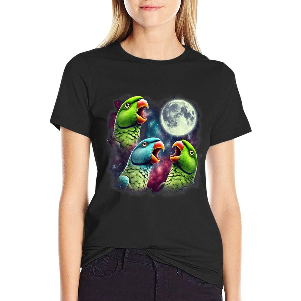 Three Indian Ringneck Parrots Howling at Moon Funny Meme  Oversized Silhouette T-Shirt