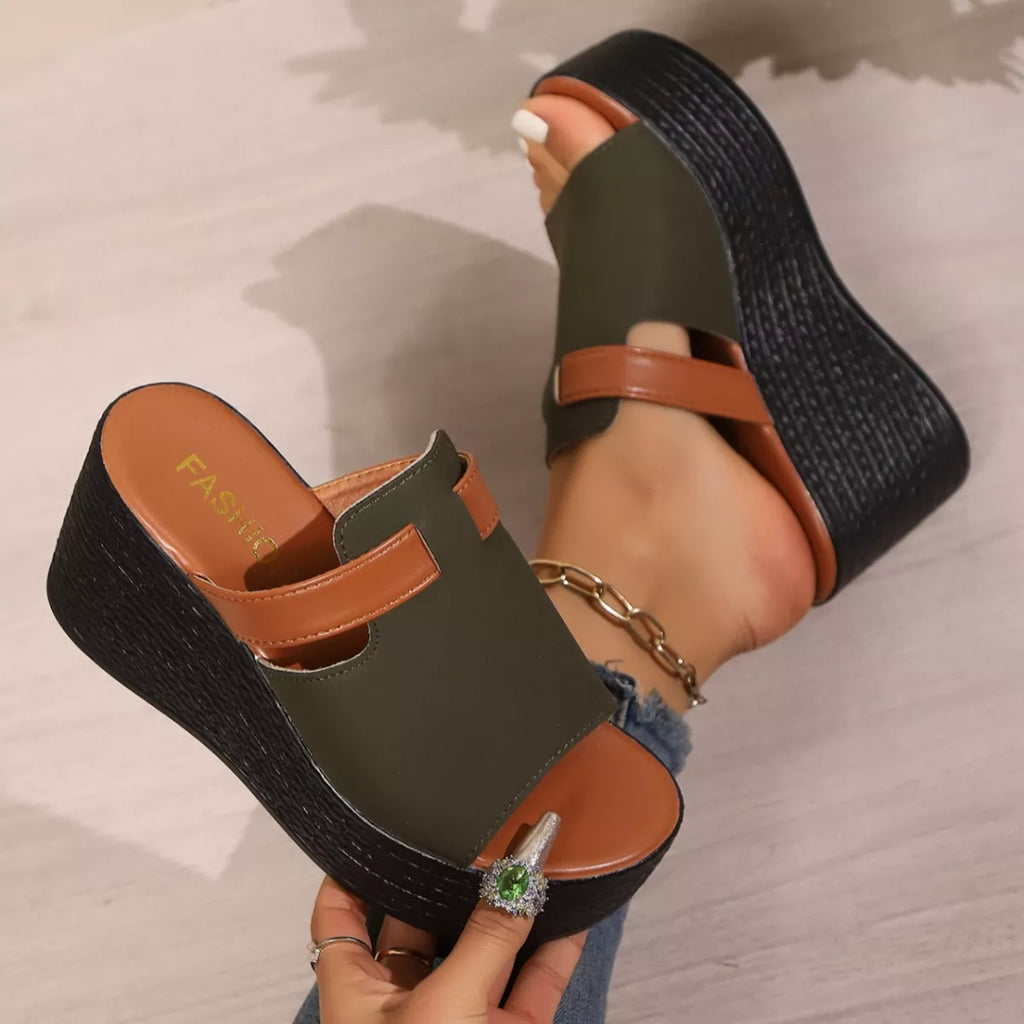 Women's Open Toe Platform Wedge Sandals PU Leather Slide Heels