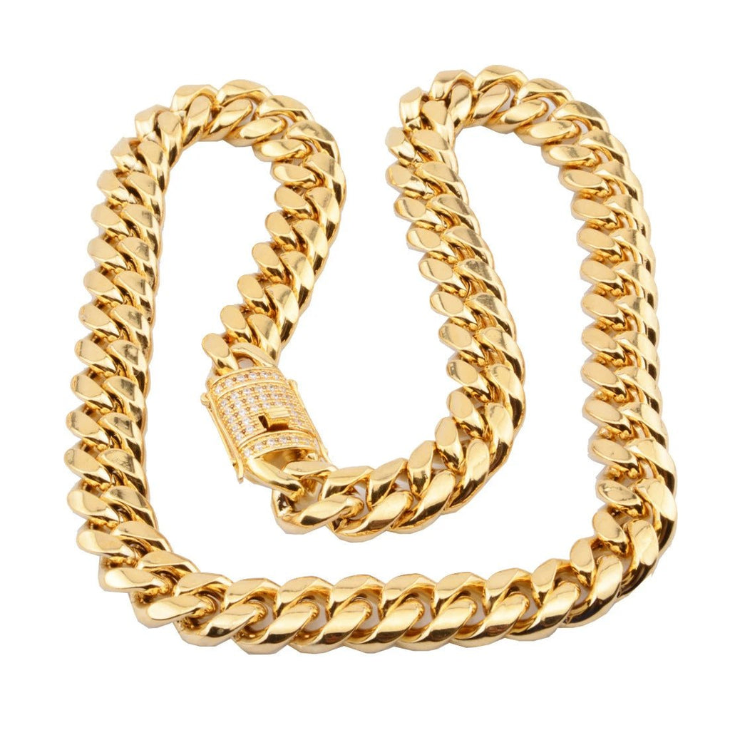 8-18mm Wide Stainless Steel Cuban Chain CZ Zircon Box Lock Necklace