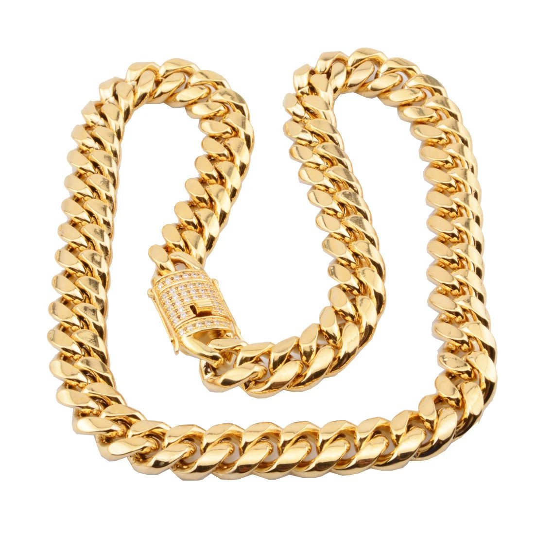 8-18mm Wide Stainless Steel Cuban Chain CZ Zircon Box Lock Necklace